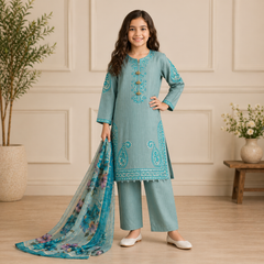 Girls Cotton Embroidered 3-Piece Suit Kids Wear Sizes 6–13 Years