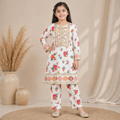 Kids Cotton Printed Shirt & Trouser Set with Neck Embroidery Sizes 8–14 Years