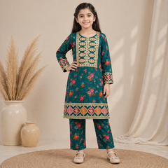 Kids Cotton Printed Shirt & Trouser Set with Neck Embroidery Sizes 8–14 Years