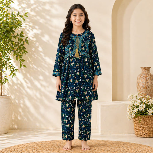 Luxury Floral Embroidered Lawn Suit for Girls (6–13 Years)