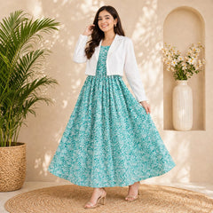 Elegant Teal Floral Maxi Dress with Cropped White Jacket