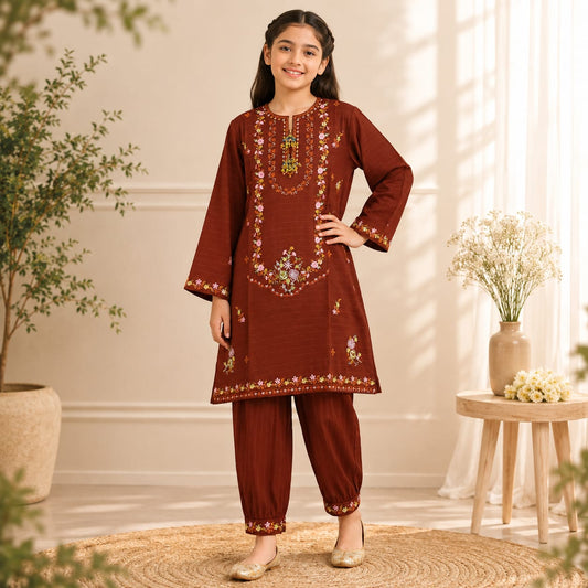 Kids Cotton lawn Embroidered Shirt & Shalwar Set 6–13 Years