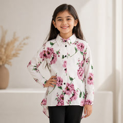 Girls Floral Georgette Top – White & Pink | Sizes 6–13 Years