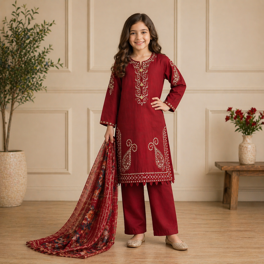 Girls Cotton Embroidered 3-Piece Suit  Kids Wear  Sizes 6–13 Years