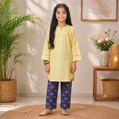 Girls Plain Cotton Kurti with Printed Trouser