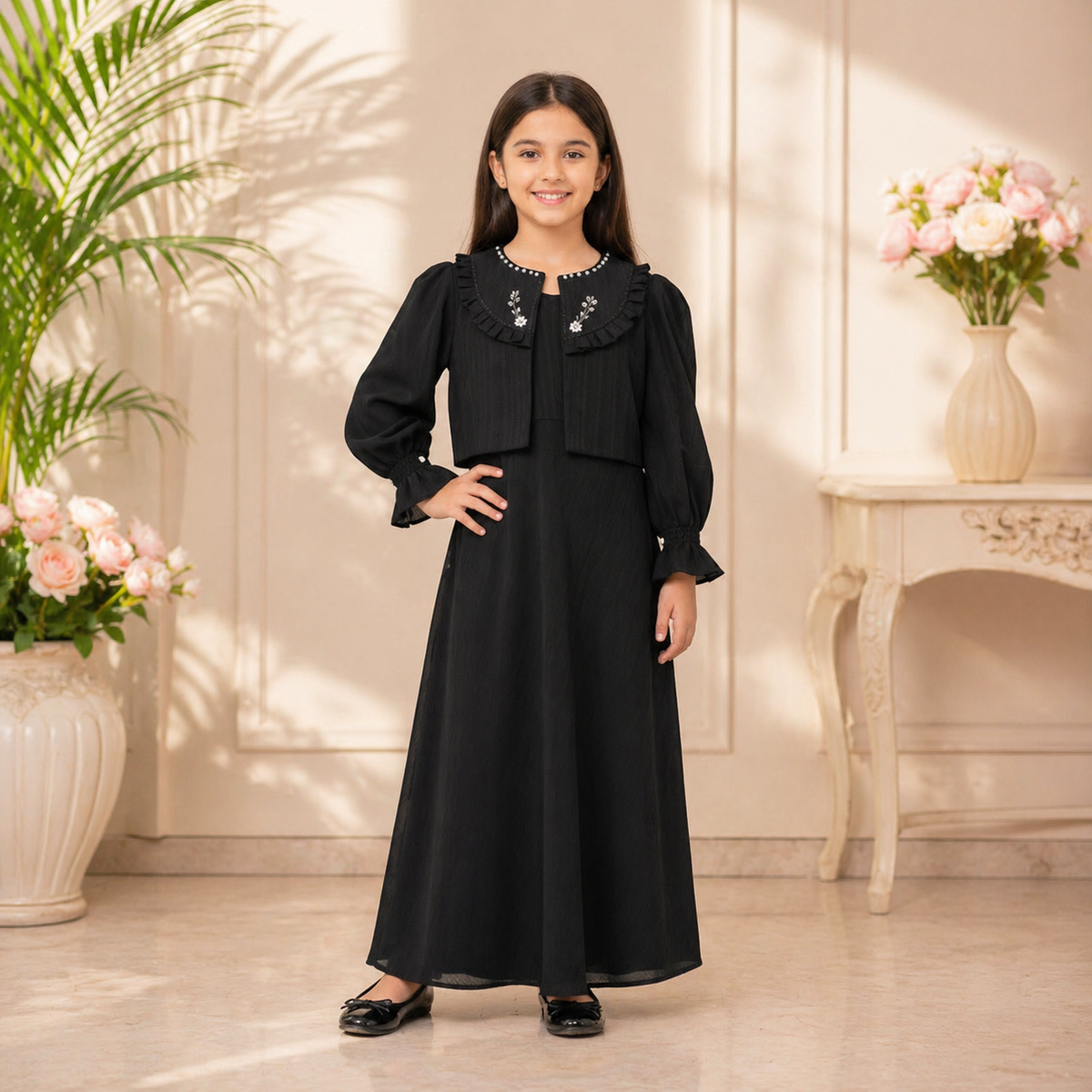 Elegant Long Frock for Girls  Crush Gorjet Fabric / 6 to 9 Years