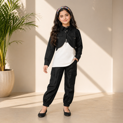 Trendy Girls Denim Jacket & Cargo Set