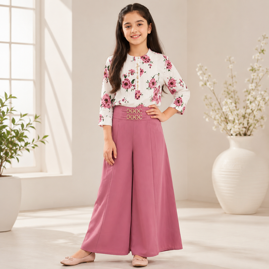 Girls Floral Georgette Top with Wide Leg Palazzo Set – Pink Kids Casual & Party Wear (6–13 Years)