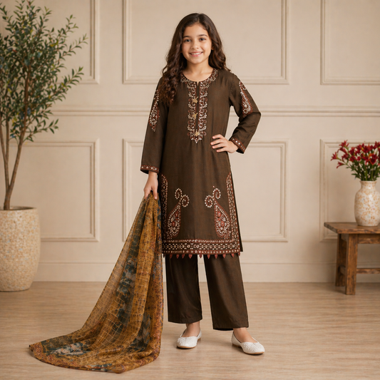 Girls Cotton Embroidered 3-Piece Suit  Kids Wear  Sizes 6–13 Years