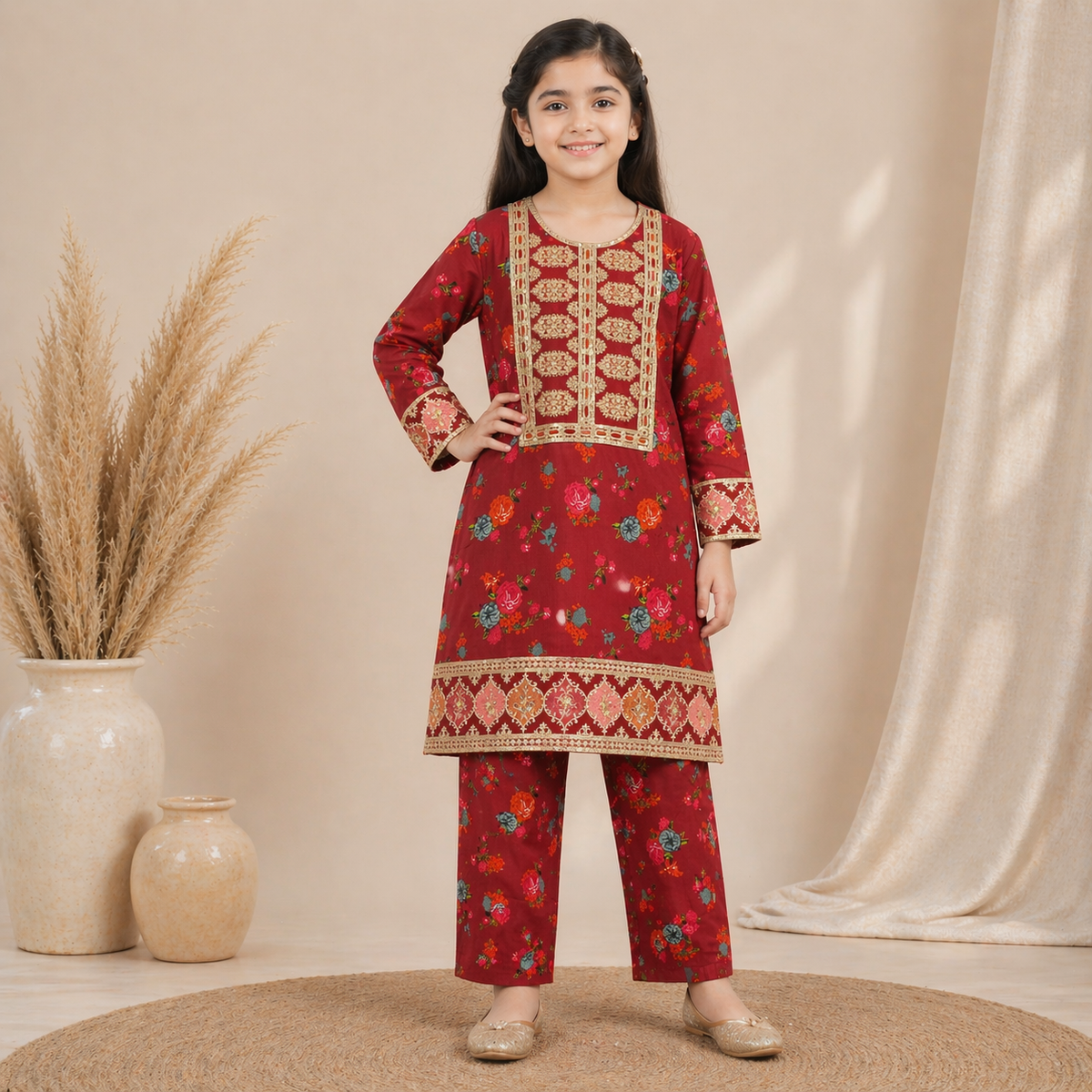 Kids Cotton Printed Shirt & Trouser Set with Neck Embroidery  Sizes 8–14 Years