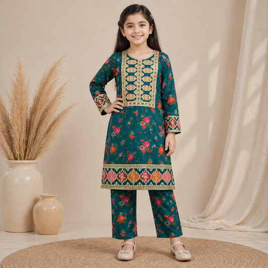 Kids Cotton Printed Shirt & Trouser Set with Neck Embroidery  Sizes 8–14 Years