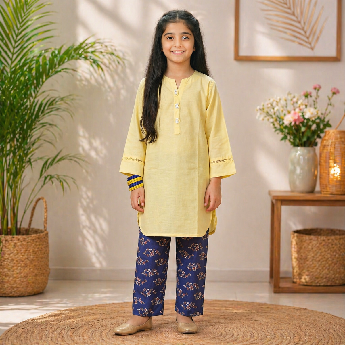 Girls Plain Cotton Kurti with Printed Trouser
