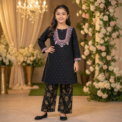 Kids Black Cotton 2-Piece Suit