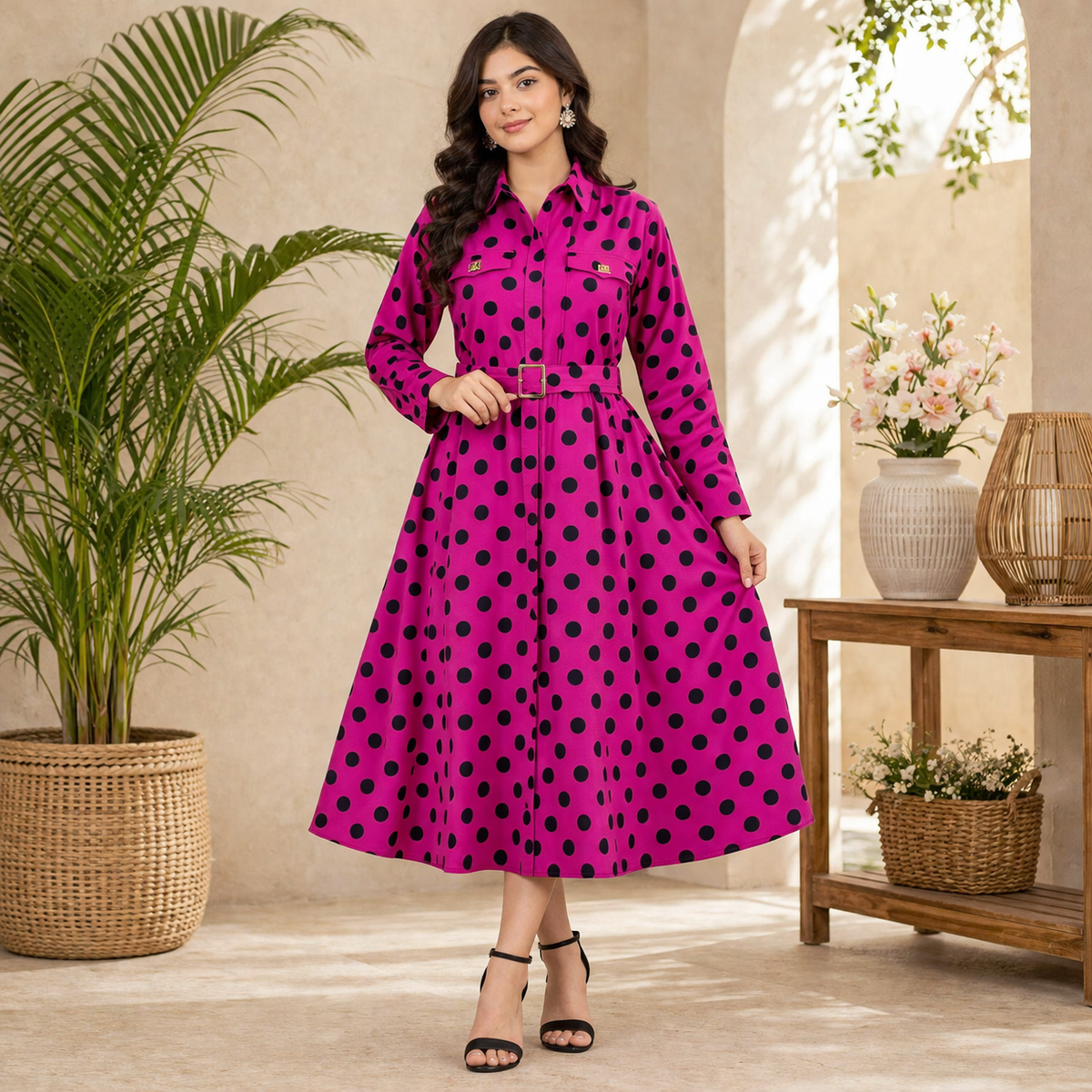 Women’s Polka Dot Button-Down Midi Dress with Belt – Elegant Casual & Semi-Formal Wear