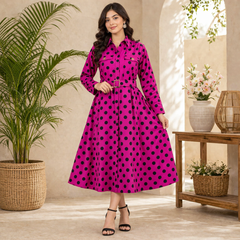 Women’s Polka Dot Button-Down Midi Dress with Belt – Elegant Casual & Semi-Formal Wear