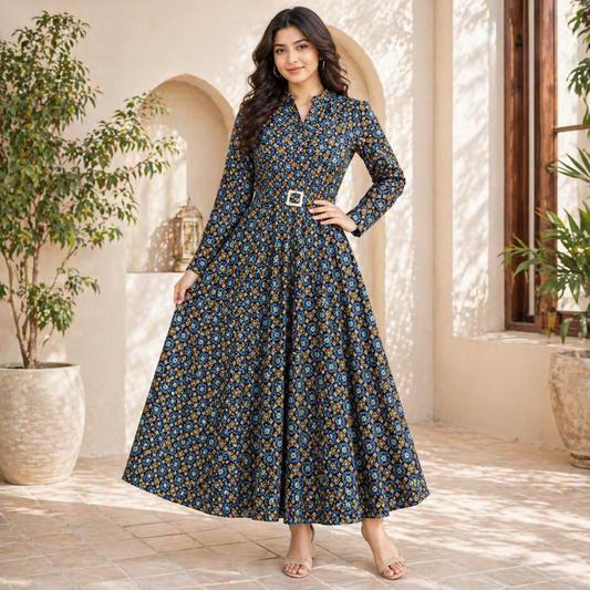 Girls Printed Long Frock with Belt – Premium Soft Fabric Casual & Party Wear