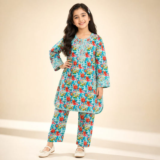 Floral Embroidered & Printed  Lawn Suit for Girls (6–13 Years)