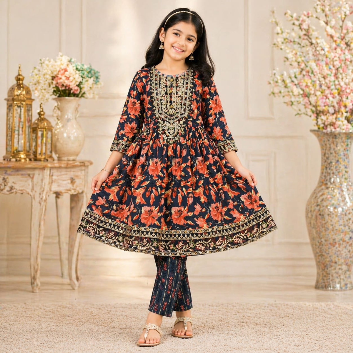 Girls Lawn Printed Frock with Neck Embroidery – Stylish Party Wear (6–13 Years)