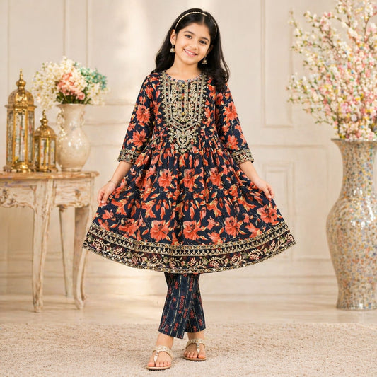 Girls Lawn Printed Frock with Neck Embroidery – Stylish Party Wear (6–13 Years)