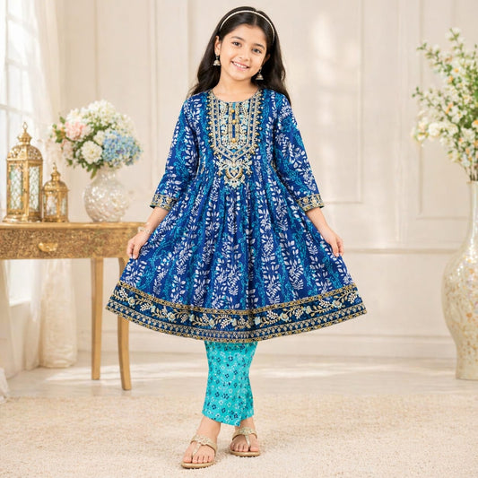 Girls Lawn Printed Frock with Neck Embroidery – Stylish Party Wear (6–13 Years)
