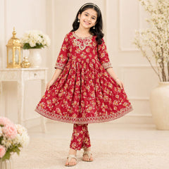 Girls Lawn Printed Frock Suit  Flared Casual & Party Wear (6–13 Years)