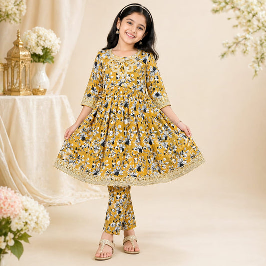 Girls Lawn Printed Frock Suit  Flared Casual & Party Wear (6–13 Years)