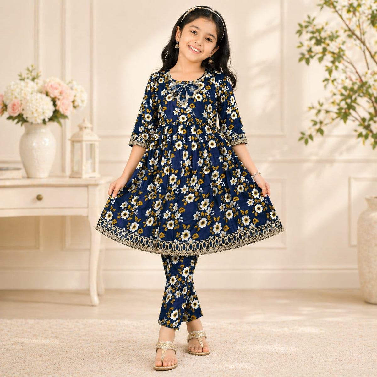 Girls Lawn Printed Frock Suit  Flared Casual & Party Wear (6–13 Years)