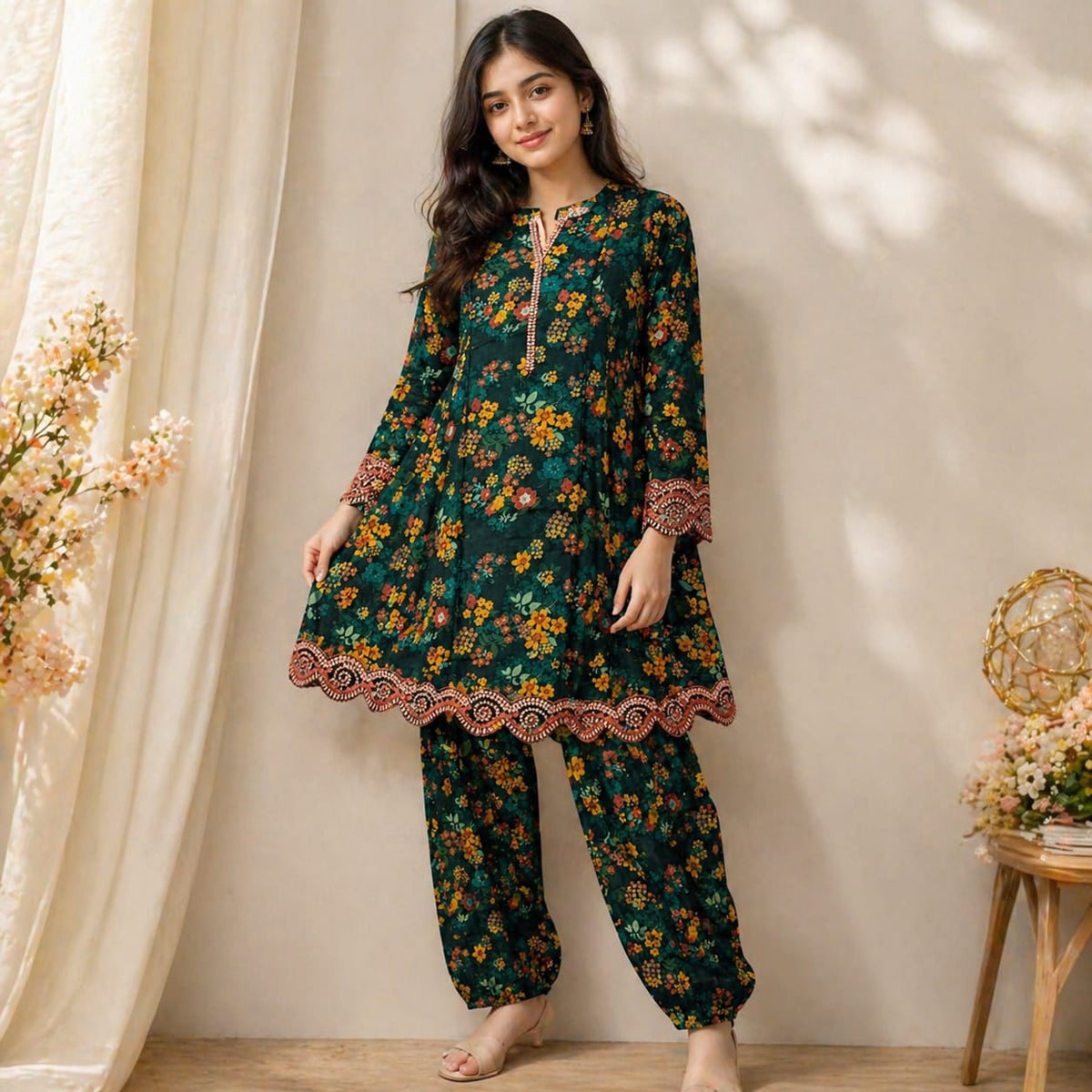 Elegant Floral Printed Lawn Suit – Medium Size