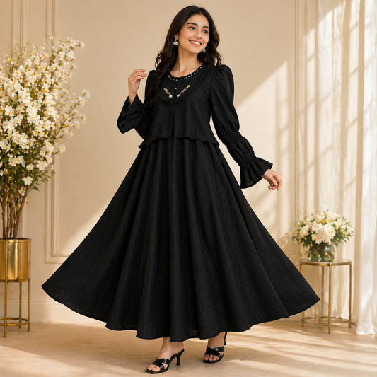 Women’s Flowy Maxi Dress with Layered Design & Embroidered Neckline – Elegant Occasion Wear