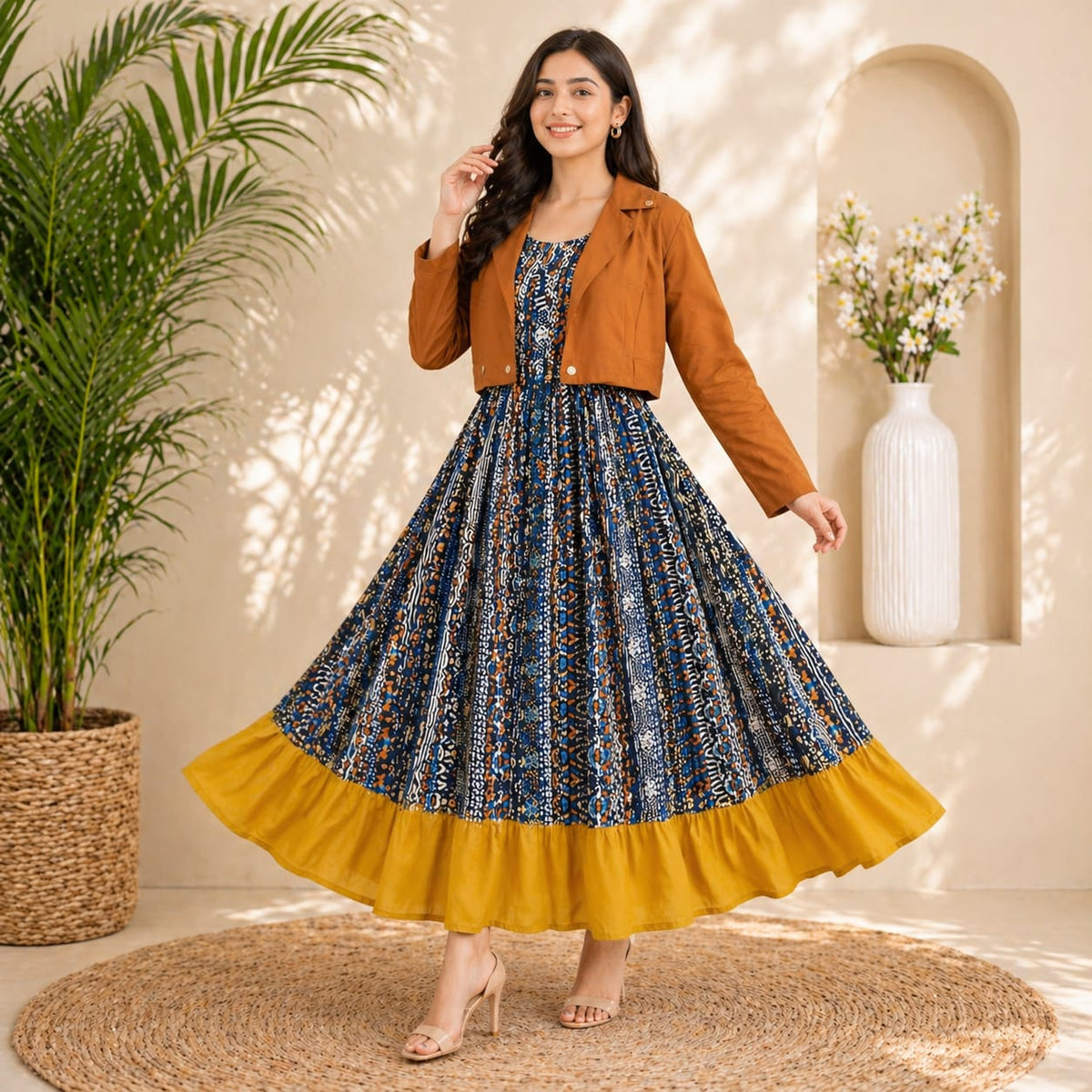 Boho Chic Printed Maxi Dress with Mustard Hem & Cropped Jacket