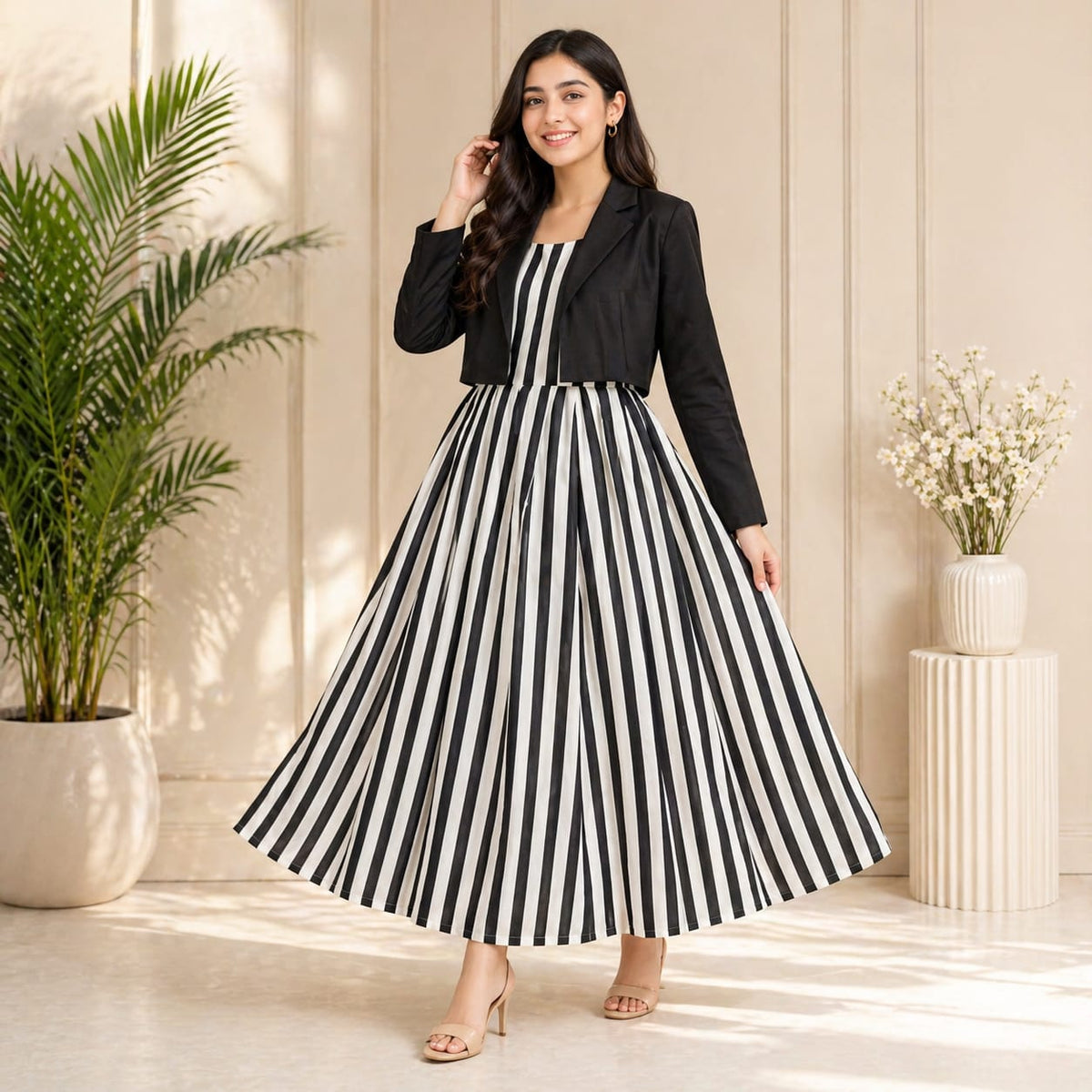 Classic Black & White Striped Maxi Dress with Cropped Black Jacket