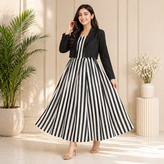 Classic Black & White Striped Maxi Dress with Cropped Black Jacket