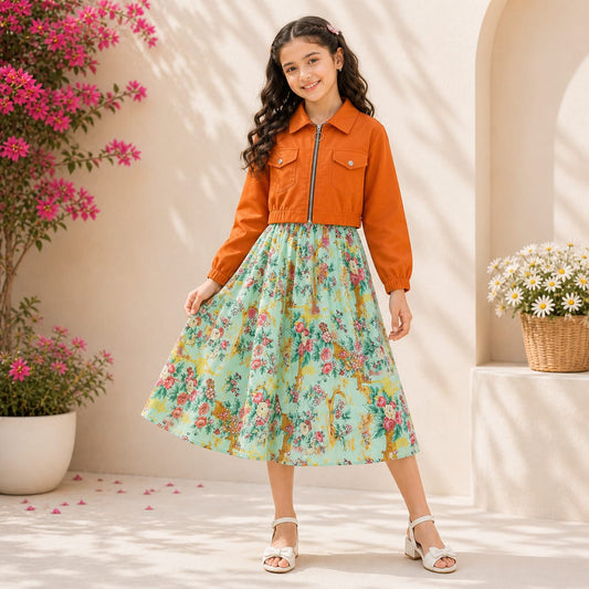 Girls Lawn Frock with Zip-Up Jacket  7 to 14 Years