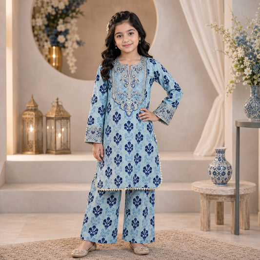 Girls Printed & Embroidered Lawn Shirt Shalwar Set – Stylish Premium Kids Collection (6 to 13 Years)