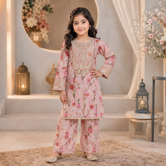 Girls Printed & Embroidered Lawn Shirt Shalwar Set – Stylish Premium Kids Collection (6 to 13 Years)