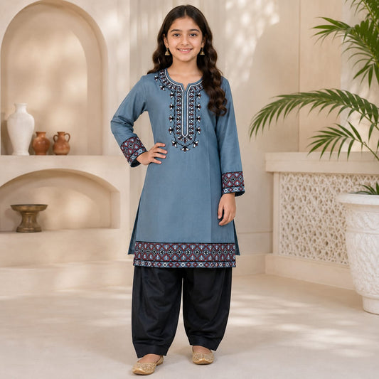 Kids Cotton lawn Embroidered Shirt & Shalwar Set 6–13 Years
