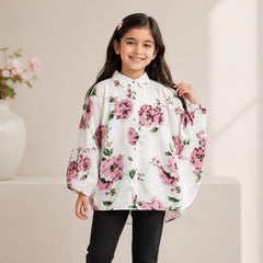 Girls Floral Georgette Baggy Top – White & Pink | Sizes 6–13 Years