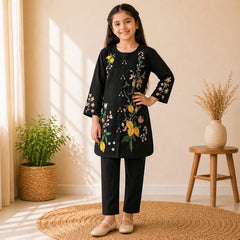 Girls Black Cotton Embroidered  Floral Design  Ages 6–13 Years