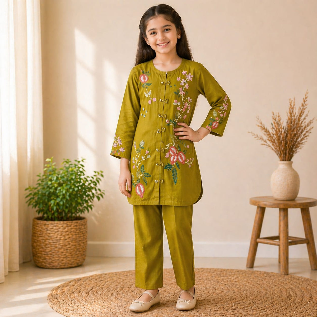 Girls Black Cotton Embroidered  Floral Design  Ages 6–13 Years