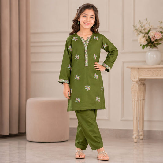 Premium Girls Cotton Lawn Embroidered Stitched Suit  Summer Wear for Kids (6–13 Years)