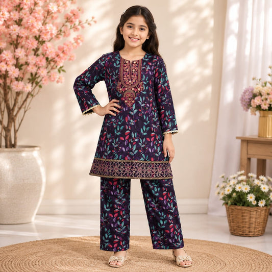 Girls Printed & Embroidered   Lawn Shirt trouser  Set – Stylish Premium Kids Collection (6 to 13 Years)