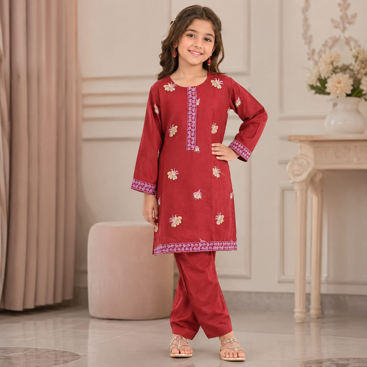 Premium Girls Cotton Lawn Embroidered Stitched Suit  Summer Wear for Kids (6–13 Years)