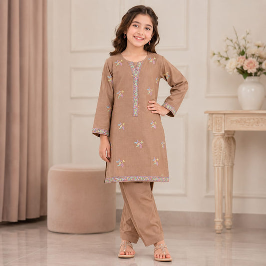 Premium Girls Cotton Lawn Embroidered Stitched Suit  Summer Wear for Kids (6–13 Years)