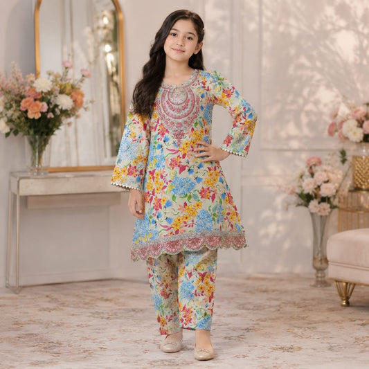 Girls Printed & Embroidered   Lawn Shirt trouser  Set – Stylish Premium Kids Collection (6 to 13 Years)
