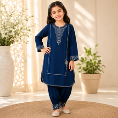 Floral Embroidered Cotton Shirt & Shalwar Lawn Suit for Girls – 2 Piece