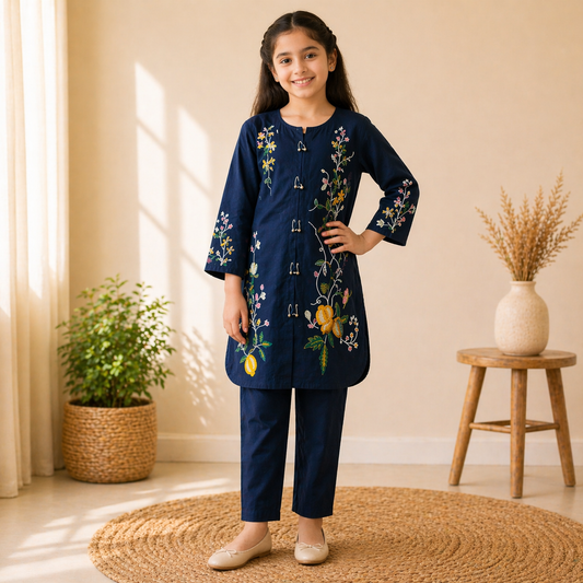 Girls Black Cotton Embroidered  Floral Design  Ages 6–13 Years