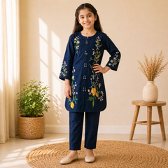 Girls Black Cotton Embroidered  Floral Design  Ages 6–13 Years