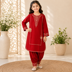 Floral Embroidered Cotton Shirt & Shalwar Lawn Suit for Girls – 2 Piece
