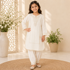 Floral Embroidered Cotton Shirt & Shalwar Lawn Suit for Girls – 2 Piece