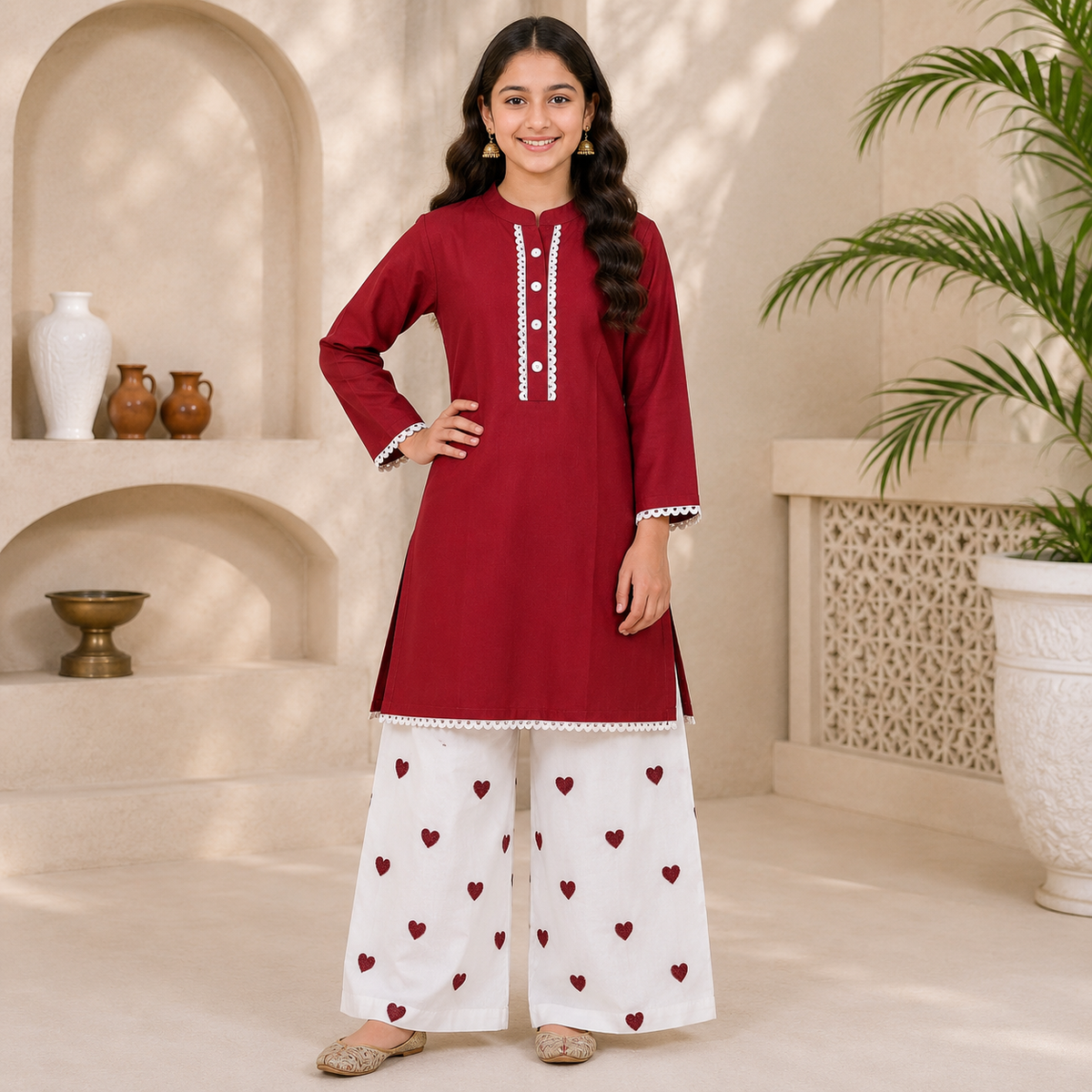 Heart Lawn Co-Ord Set – Girls Premium Summer Wear
